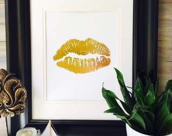 Gold Lips, lip art, Bathroom print, boudoir Print, Gold Print, bedroom print, gold home decor accessories, make up print