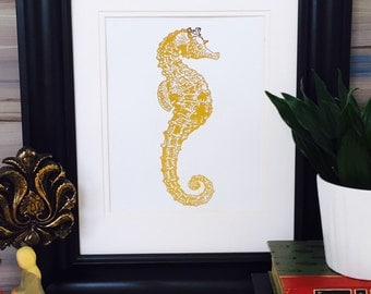 Seahorse, Wall Decor, Gold Foil Print, Gold Seahorse Decor, coastal decor, nautical wall decor, Gold foil art