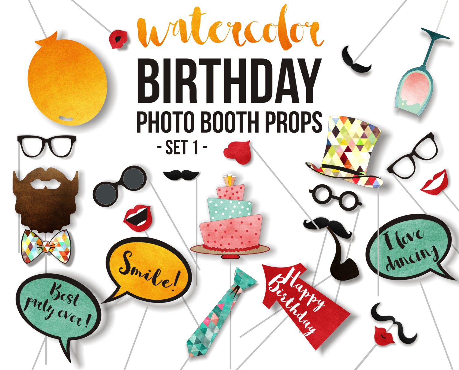 Birthday PRINTABLE Photo Booth Props Party Props 24 Piece