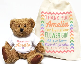 Personalised wedding favour gift | Flower Girl teddy bear + cotton bag | Custom thank you bridesmaid gift.