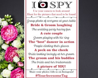 I Spy Wedding Game CUSTOM PRINTABLE with your hashtag & colors, photo treasure hunt personalized, Wedding Reception Game, Reception Table