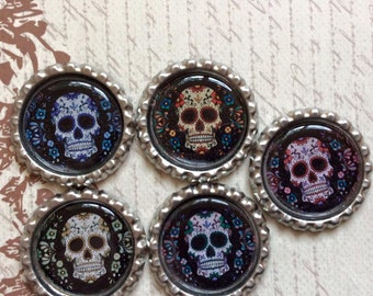 SET of 5 - Sugar Skull Bottle Caps For Pendants, Hairbows Hair Bow Centers - Ready to use