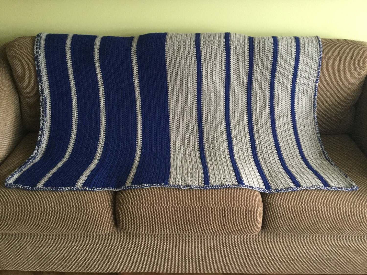 Navy blue and beige afghan handmade crochet throw blanket
