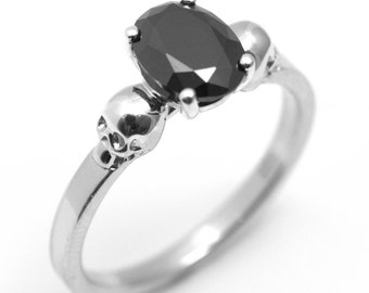 Skull Ring Sterling Silver 1.4ct Diamond-Unique Oval Cut Black Diamond Hand Crafted Engagement Ring