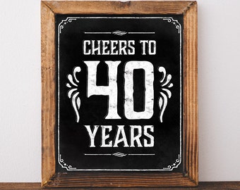 40th birthday decorations. Cheers to 40 years. Printable 40th birthday Chalkboard sign. 40th birthday centerpieces. 40th birthday ideas.