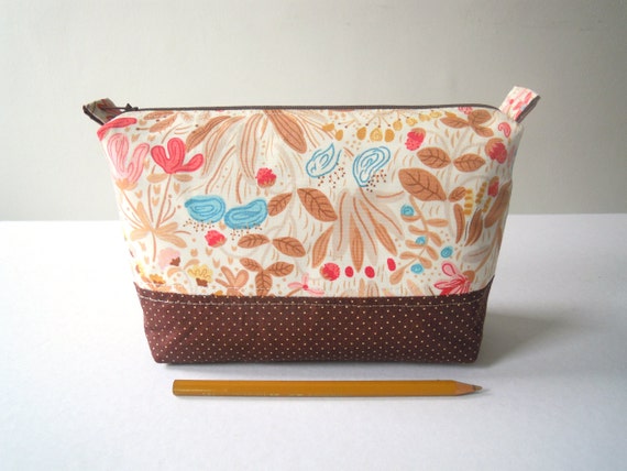 Items similar to Zippered make-up/cosmetic pouch with leaves and ...