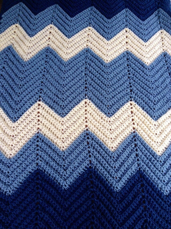 Vintage Blue & Ivory Chevron Hand Crocheted Afghan Throw