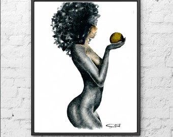 African Black woman art, Naked black woman, Female figurative nude art, Figurative painting, Watercolor,