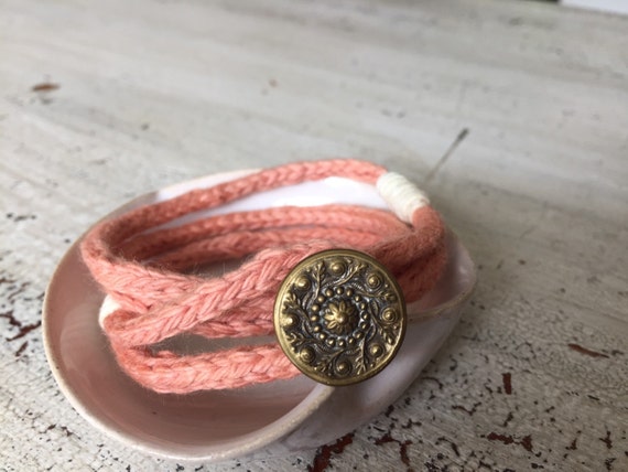 Knit Wrap Bracelet , Boho Wrap Bracelet, Knit Jewelry, Hand Dyed Bracelet, Antique Button Bracelet