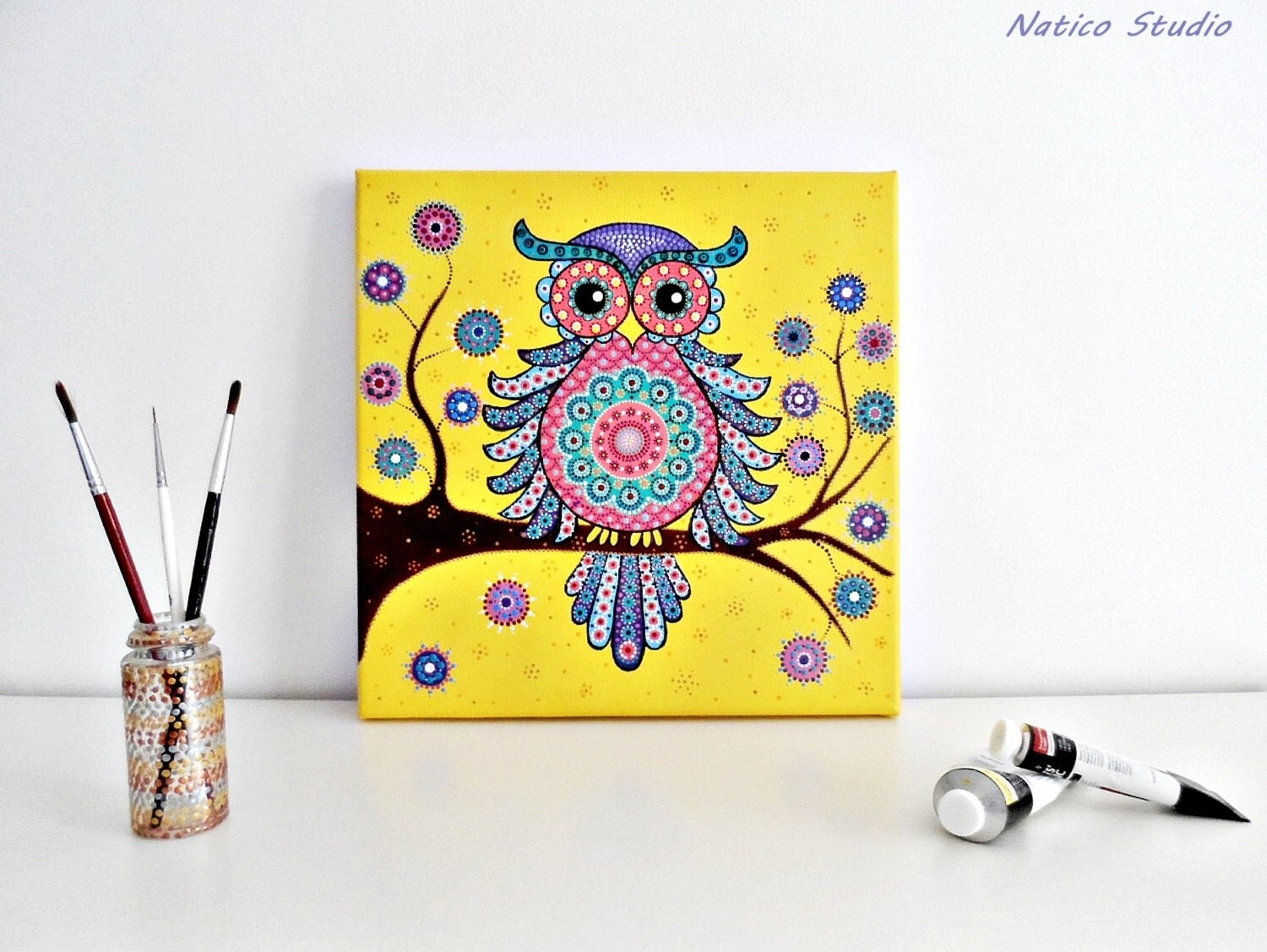 Dot Painted Owl with acrylics on canvas/Original by NaticoStudio