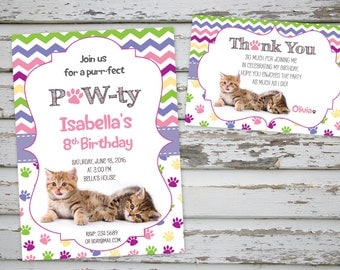 Kittens Birthday Invitation Cat Birthday Invitation Kitten Party Cute Kittens with FREE Thank You card