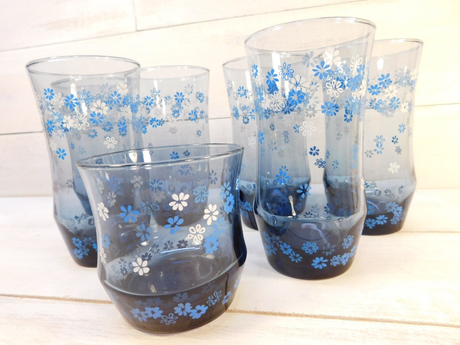 Set Of 7 Vintage Libbey Blue Flower Drinking Glasses Spring