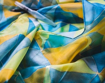 Triangle Blue and Yellow scarf, Geometric silk scarf, summer scarf, bright silk scarf, gift for her, Hand Painted silk