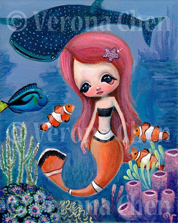 Clown Fish Mermaid Original Acrylic Painting Art Print Day