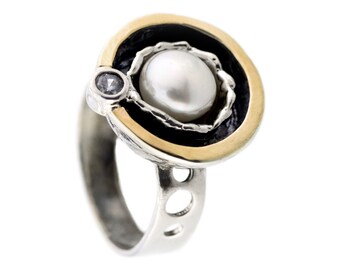Pearl ring, silver pearl ring, white pearl ring, sterling silver ring, 9 karat gold ring, Silver zircon ring, birthstone ring, handmade