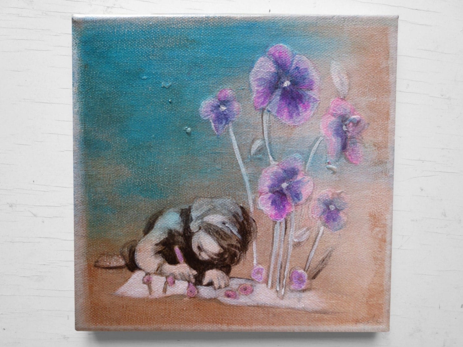 Acrylic painting little girl painting original violets