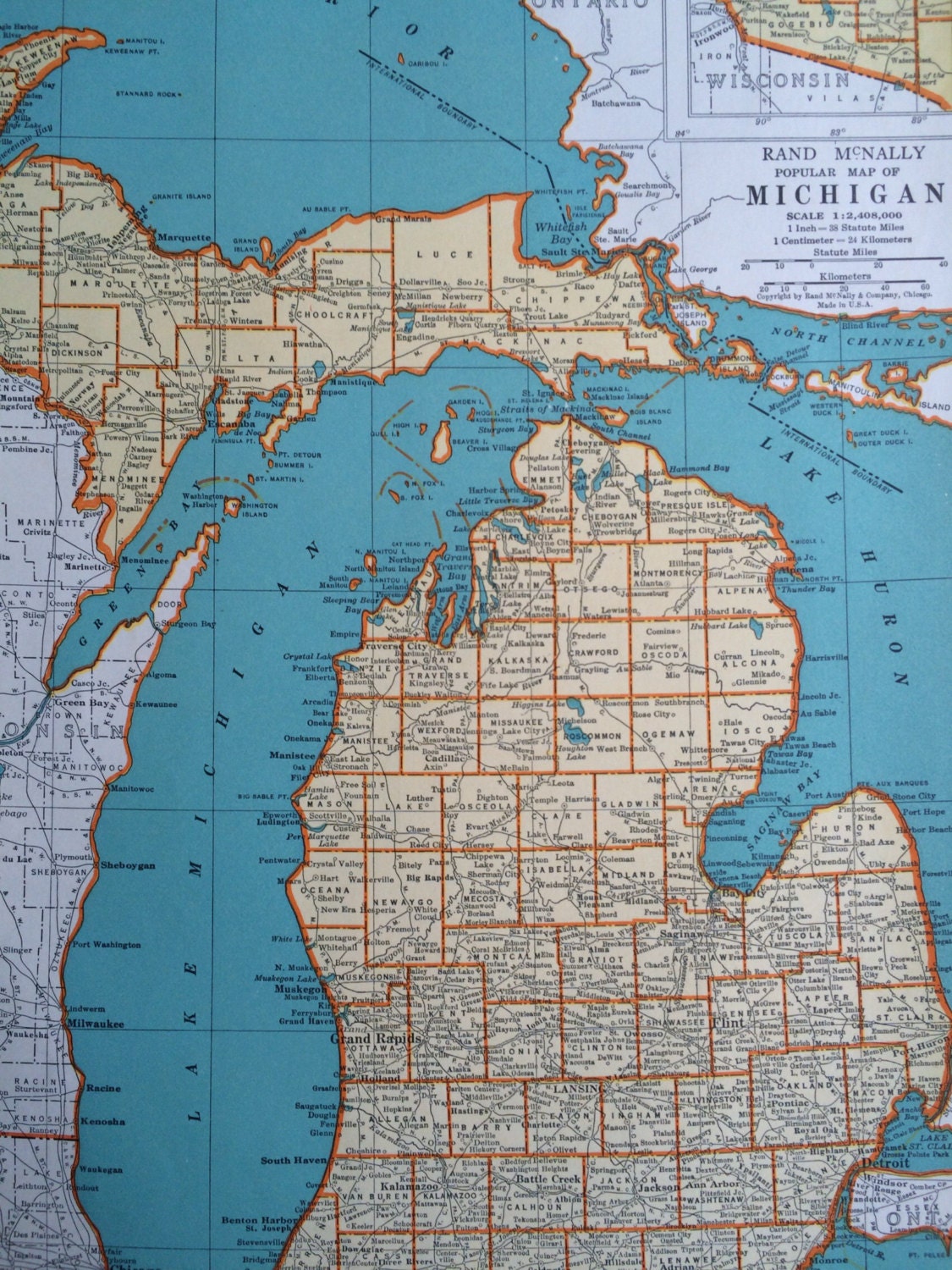 1937 MICHIGAN Original Vintage Map, 11 x 14 inches, State Map, Rand ...