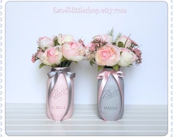 Mason Jar Wedding Centerpiece-Bridal shower Decor-Baby Shower Decor-Shabby Chic Decor-Vase Table Decor Blush Silver Gray Rustic Home Decor