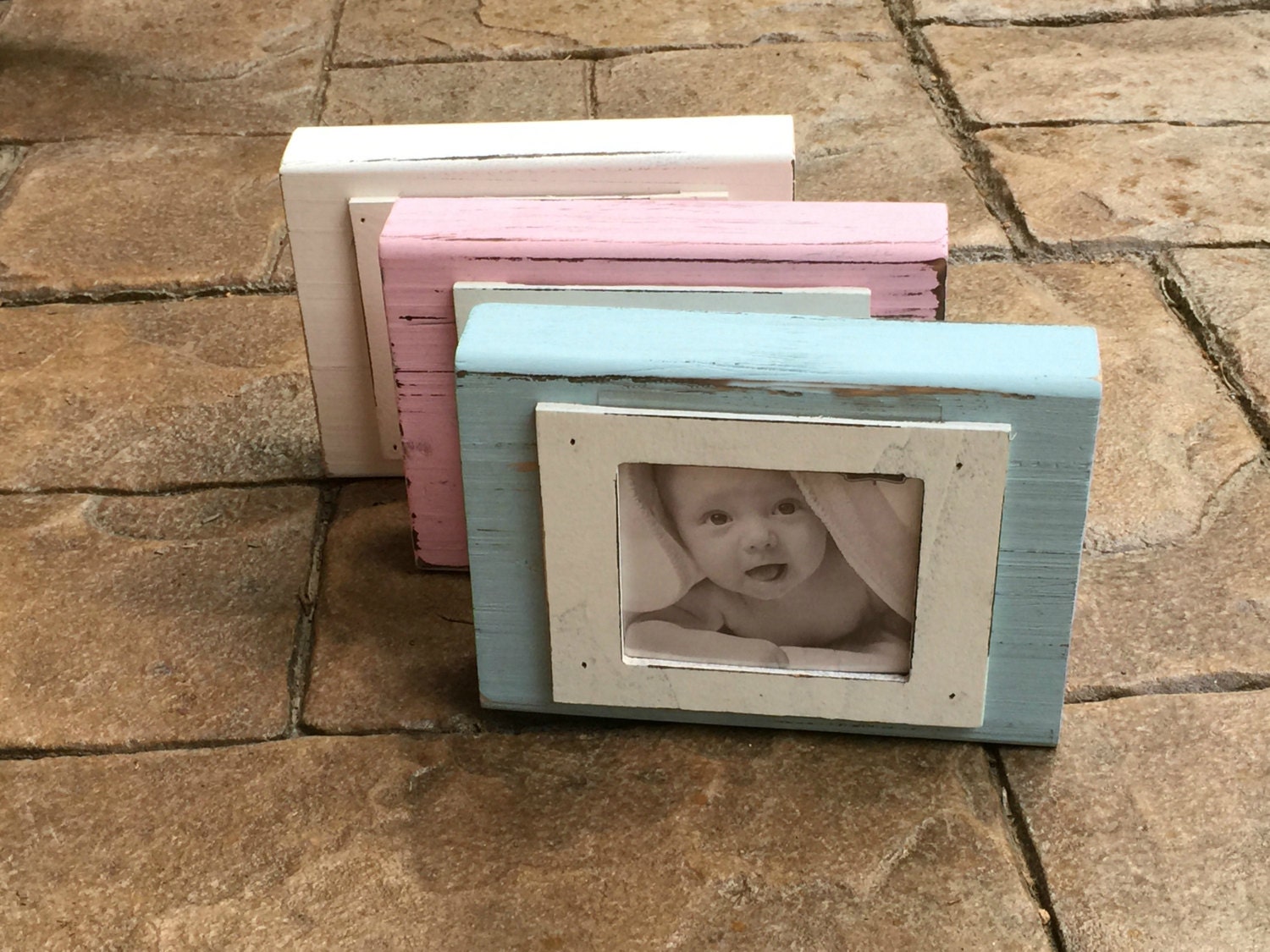 Natural Distressed Wood Picture Frame in Blue Pink or White
