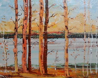 Vintage landscape birch trees oil painting signed