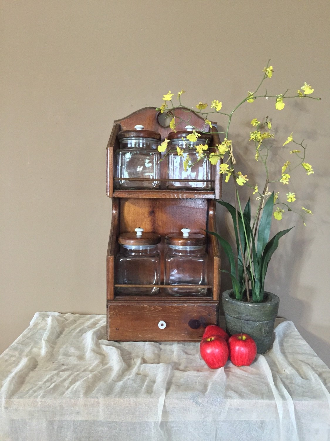 Vintage Wall Shelf with Canisters / Vintage Kitchen Wall Shelf