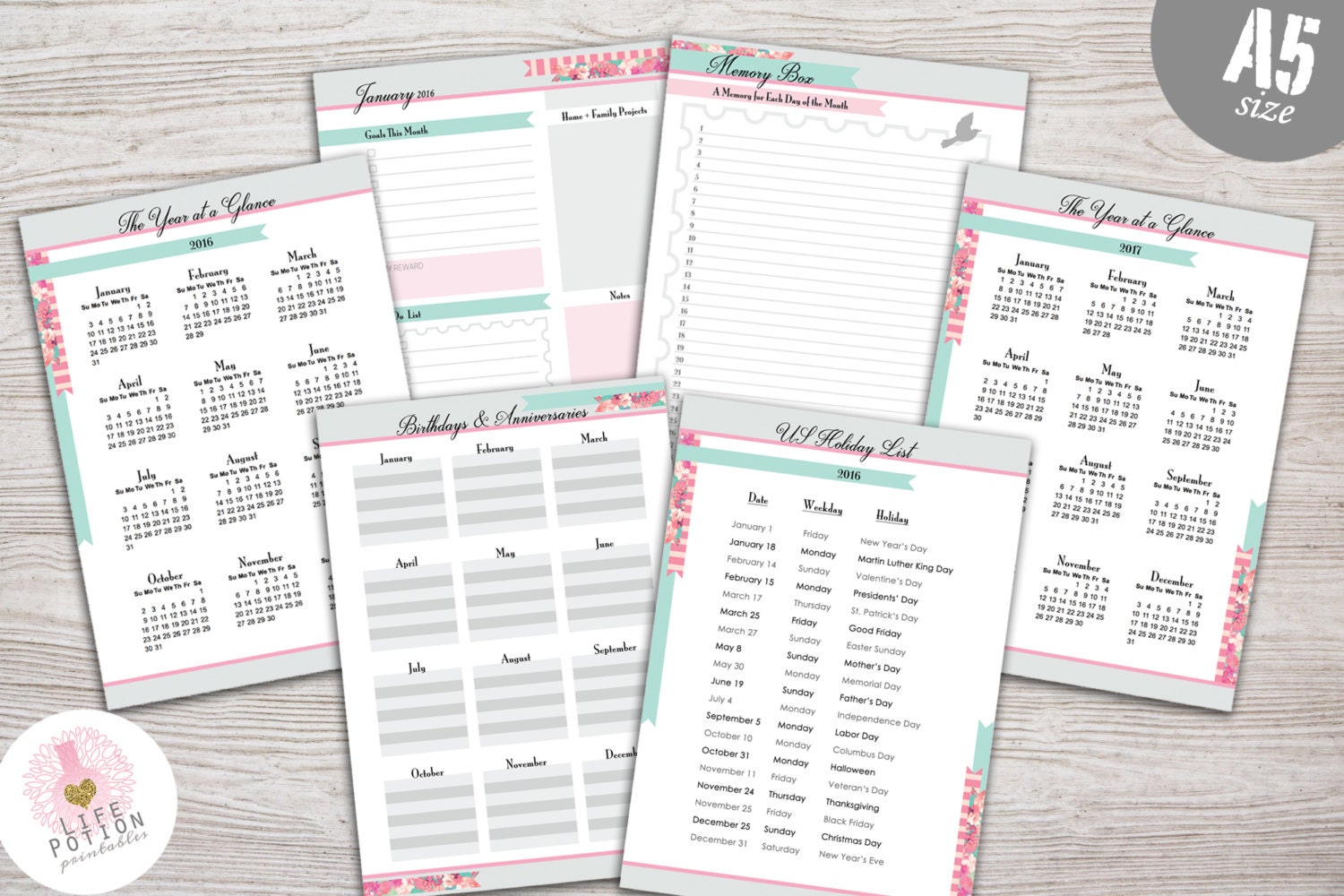 A5 Printed & Cut Monthly Planner Inserts 2017 by LifePotion