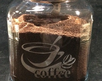 Coffee Canister ~ Etched Coffee Canister ~ Glass Jar ~ Glass Canister ~ Cracker Jar ~ Coffee Jar ~ Coffee Container ~ Kitchen Canister