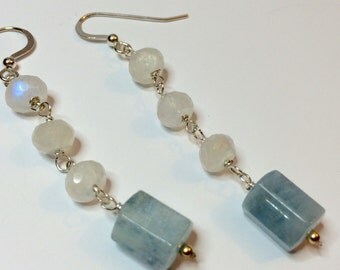Aquamarine Earrings, March Birthstone, Moonstone Earrings - FREE SHIPPING