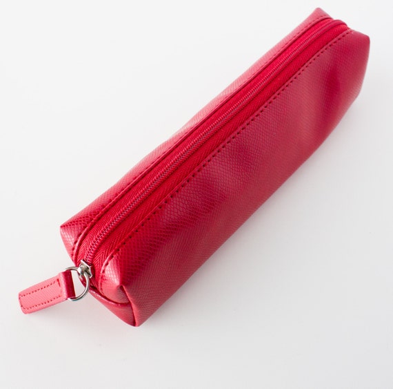 red pencil case small pencilcase plu leather pencase pen