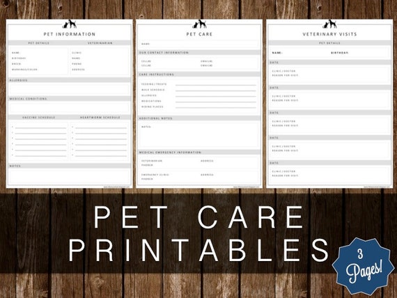 PET CARE PRINTABLES 3 Page Kit Instant Download