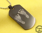 New Born Baby Foot Print engrave handprint chain necklace, gift for new give birth mother,steel army dog tag style, 6 colors avail