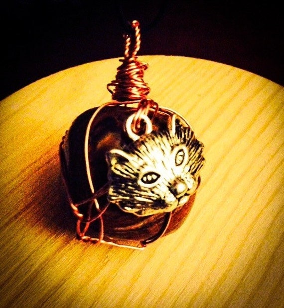 Cat Charm Tiger's Eye Healing Bohemian Pendant Wire Wrapped