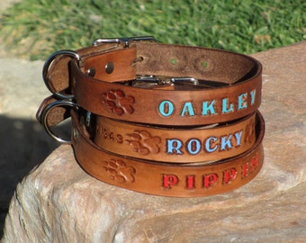 BROWN 1 inch, 25mm Custom Handmade Leather Dog Collar, Personalized Pet Name optional Phone Number, FREE SHIPPING in U.S.