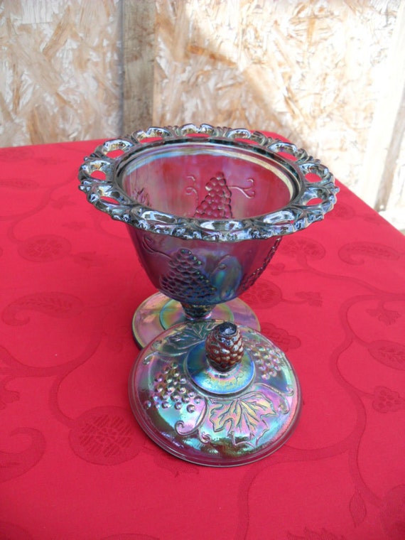 Carnival Glass Blue Carnival Glaas Candy Dish With Lid Footed