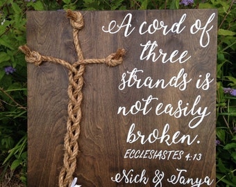 A cord of three strands is not easily broken, rustic wedding sign, God's knot sign, personalized wedding sign, wedding decor, wood sign