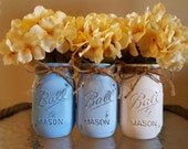 Mason Jars - Blue and White Ombre Painted and Distressed Mason Jars