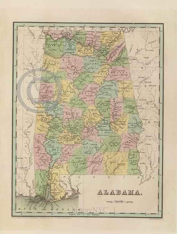 1838 Old Historical Vintage Map Alabama Counties Art Print