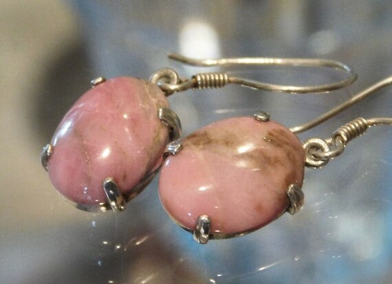 Pink Rhodonite Earrings in Sterling Silver Pink Natural Gemstone Rock Drop Dangle Earrings Oval Cabochons Cabs Artisan Hand Crafted Vintage