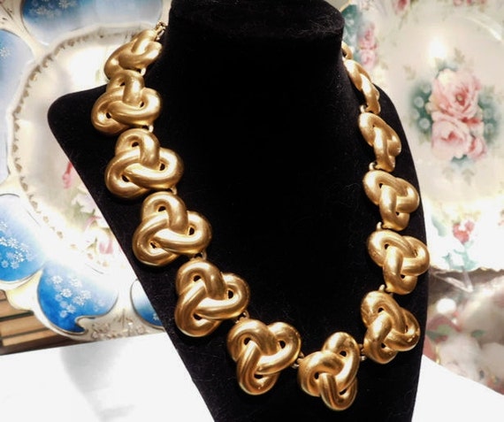 Anne Klein Necklace Vintage New York Fashion Designer Runway Couture Statement Necklace Lion Head Tag Matte Satin Finish Gold Tone Knot