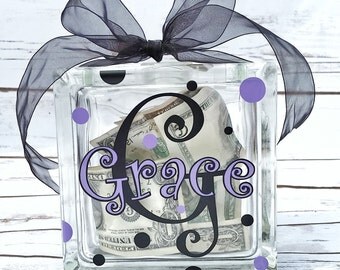 Personalized glass block Money Bank - Piggy Bank - Money Gift Bank - Birthday gift - kids gift idea - kids savings bank - baby shower gift