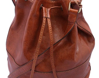 Genuine Leather Drawstring Duffle Shoulder Bag - Tan