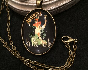 Vintage French Absinthe Green Fairy "La Fee Verte" Bronze or Silver Pendant Necklace Gothic Victorian