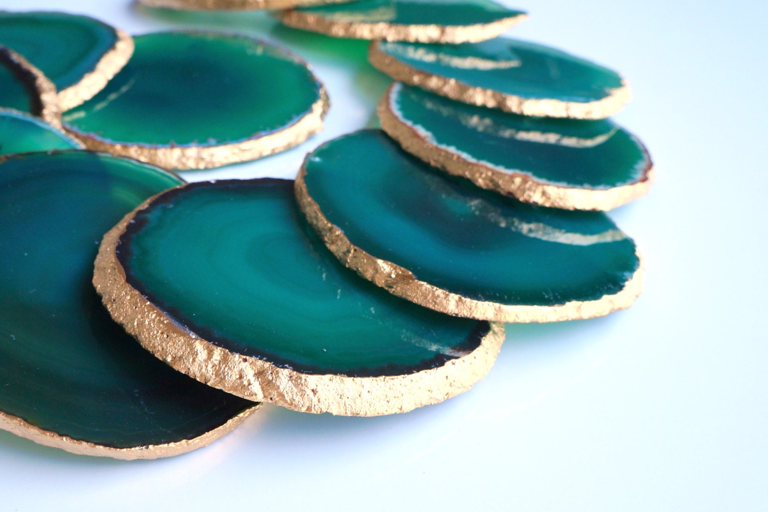 Emerald Green Agate Coasters SET OF 4 Gold Rimmed