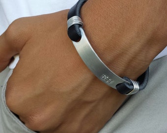 FREE SHIPPING-Personalized Men Bracelet, Leather Bracelet, Stamped Man Bangle, Bracelet For Men, Black Engrave Bracelet, Custom Jewelry