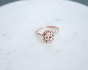 Rose Gold Oval Morganite Diamond Halo Ring by OliveAvenueJewelry