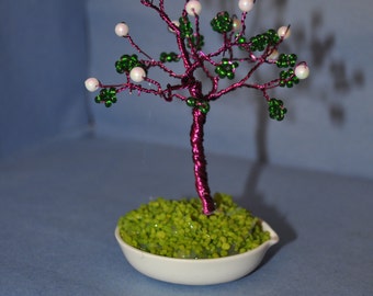 Wire Tree Sculpture, Green & White Beaded Wire Tree Sculpture