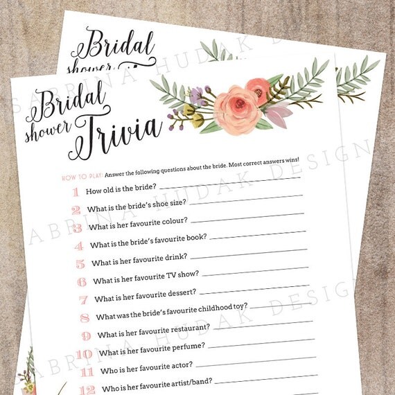 Bride Trivia Game for Bridal Shower Floral Theme Instant Printable Download