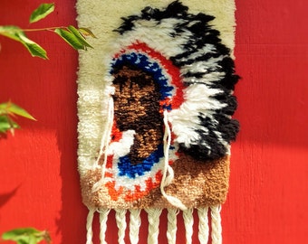 Vintage Native Chief Hooked Rug Wall Hanging