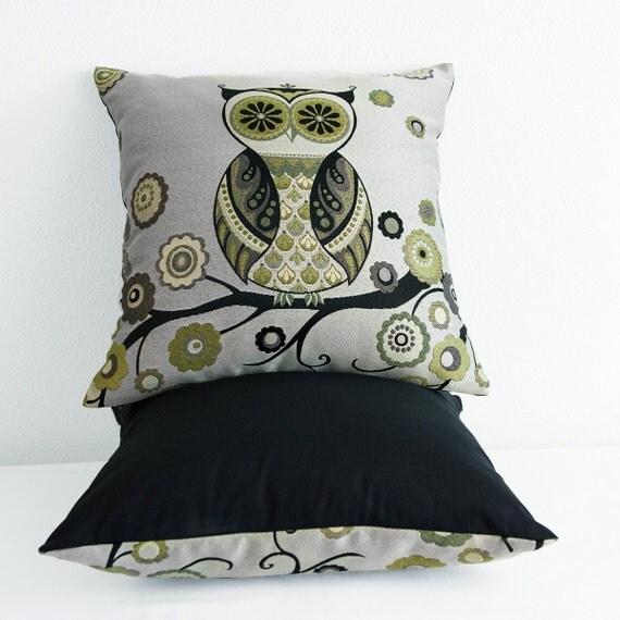 Owl Pillow Cover Owl Pillow Cover in Shades of Gray Green