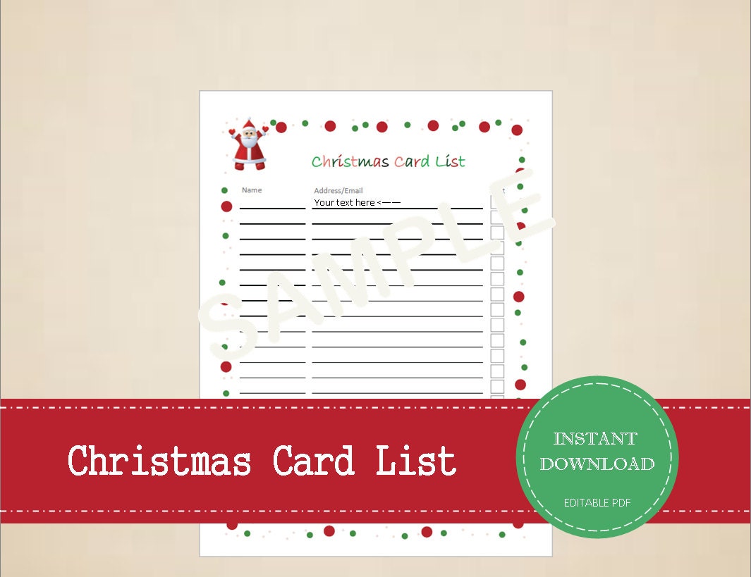 Christmas Card List Printable and Editable for digital use